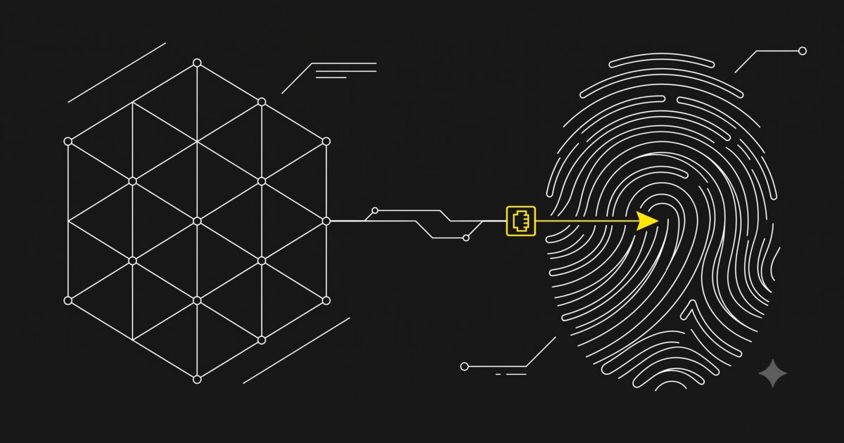 A structural grid and a fingerprint, connected, illustrated in a minimal technical schematic style