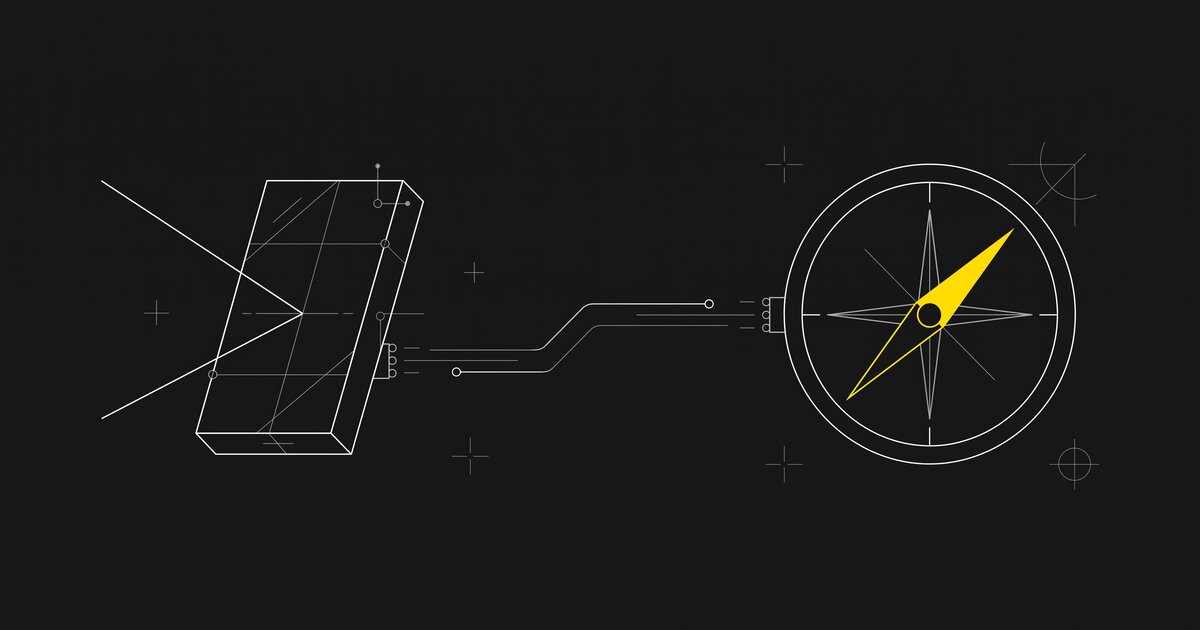 A mirror and a compass, connected, illustrated in a minimal technical schematic style