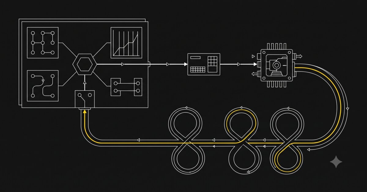 A tool interface with a repeating return path, illustrated in a minimal technical schematic style