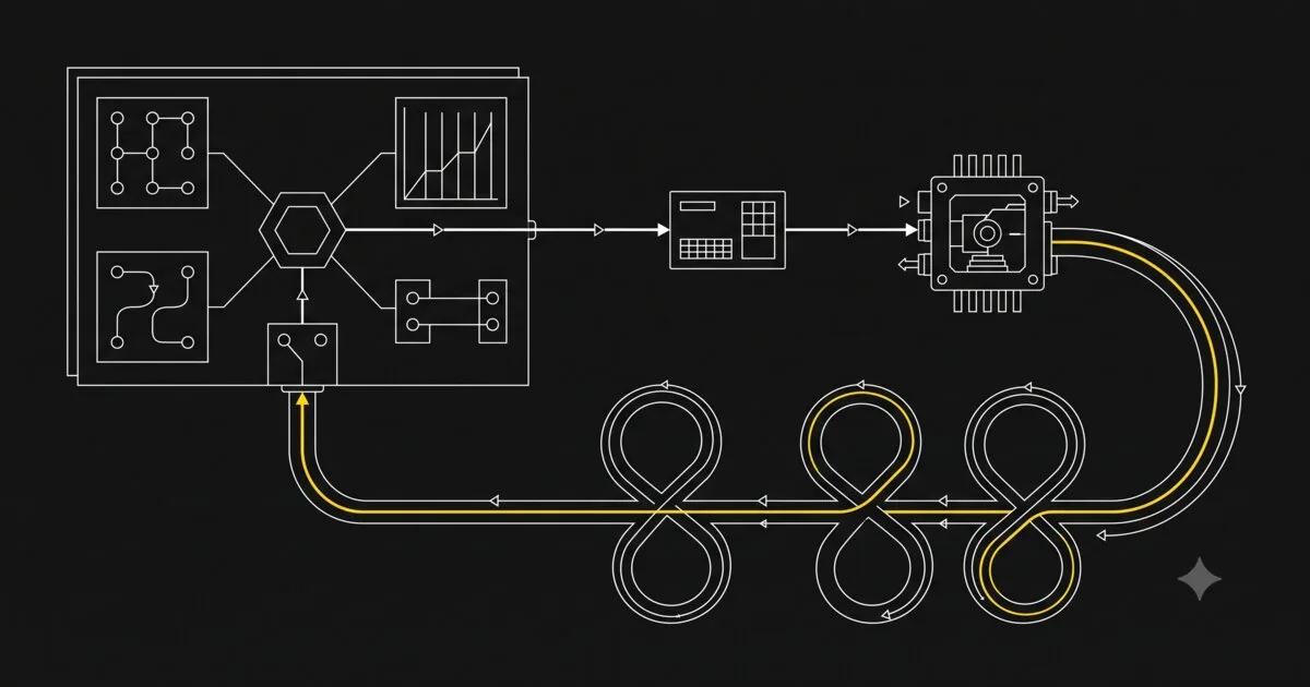 A tool interface with a repeating return path, illustrated in a minimal technical schematic style