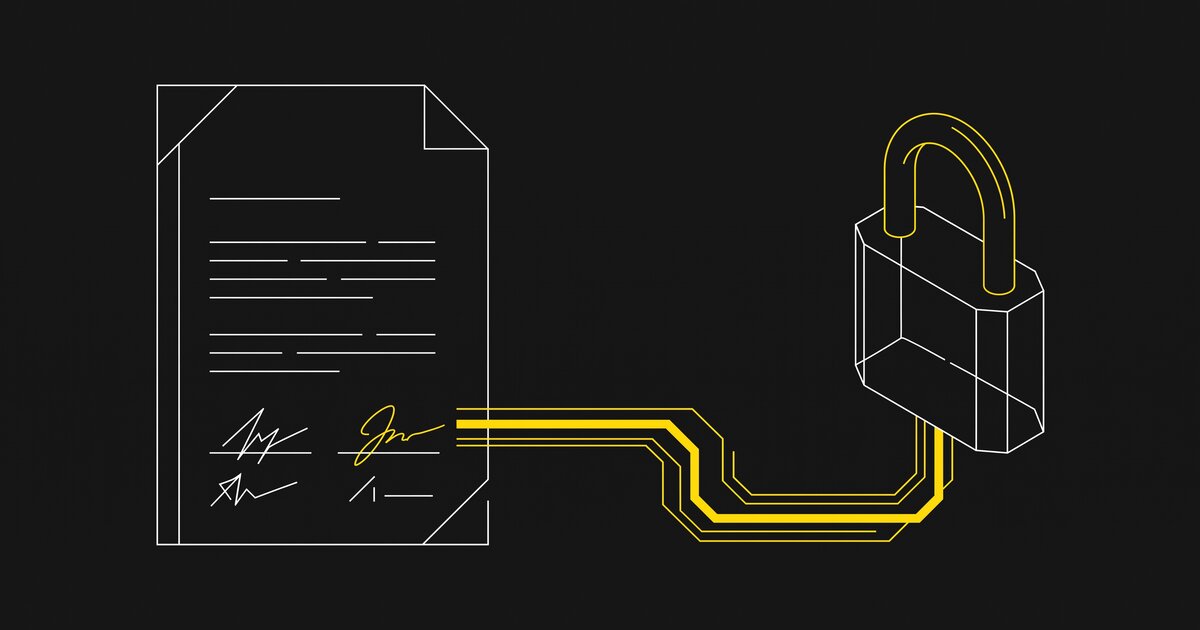 A signed contract and a padlock, connected, illustrated in a minimal technical schematic style