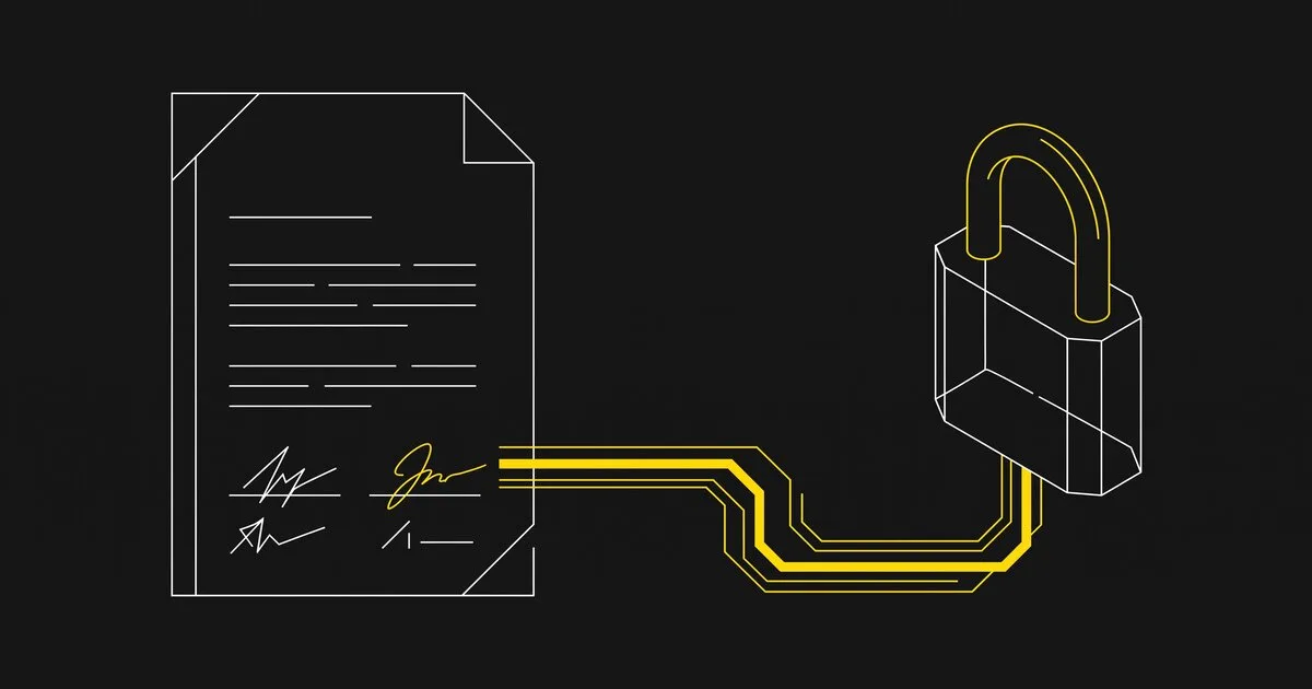 A signed contract and a padlock, connected, illustrated in a minimal technical schematic style