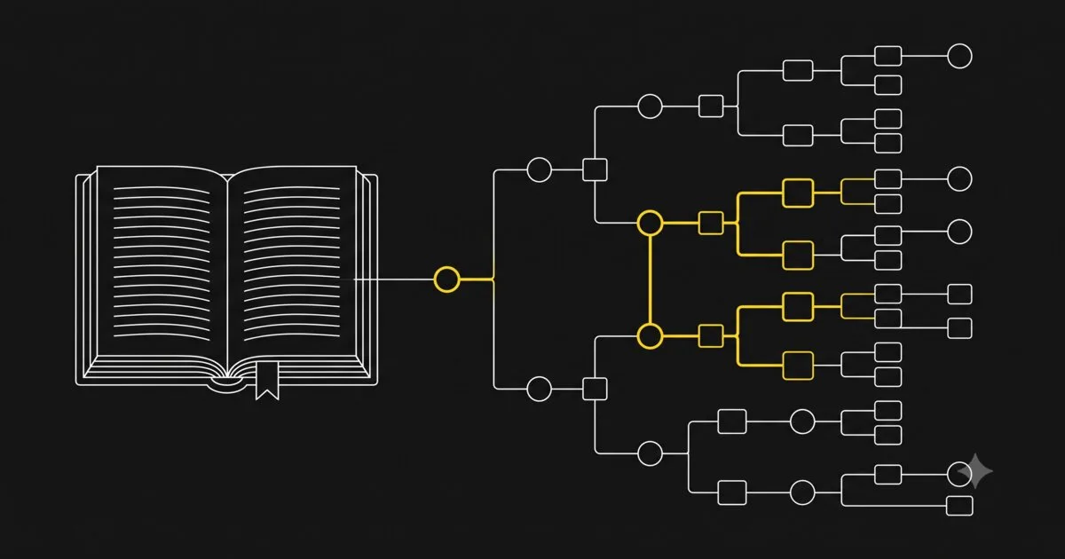 A branching decision tree emerging from a book, illustrated in a minimal technical schematic style