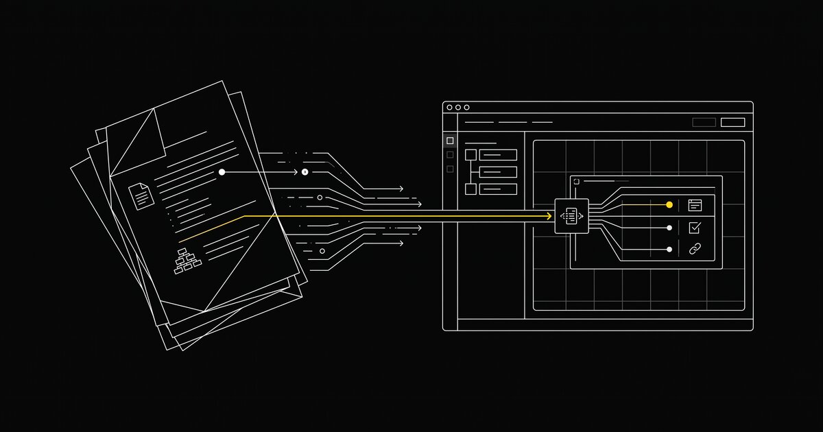 A manuscript and a course-authoring interface, connected, illustrated in a minimal technical schematic style