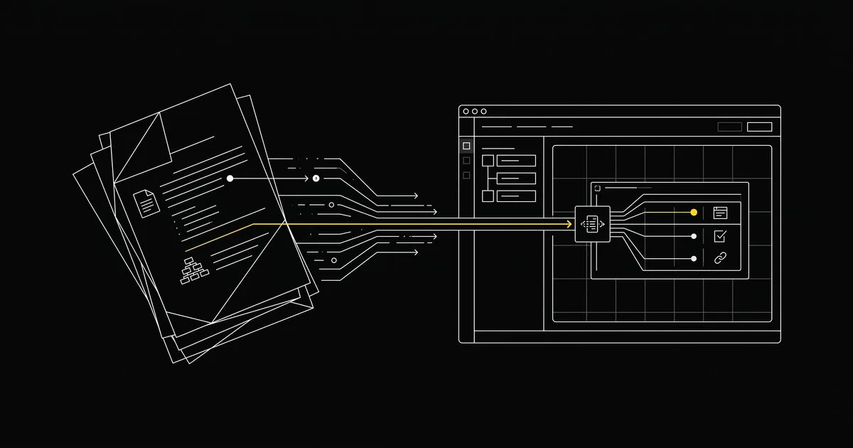A manuscript and a course-authoring interface, connected, illustrated in a minimal technical schematic style