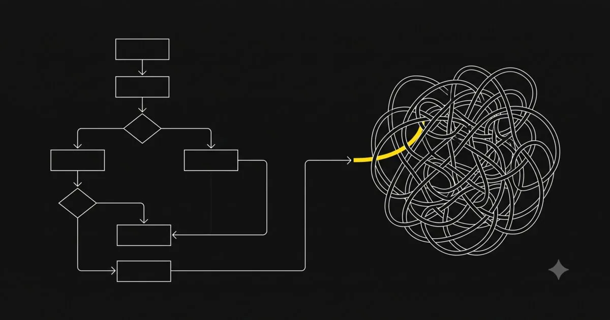 A flowchart and a tangled knot, connected, illustrated in a minimal technical schematic style