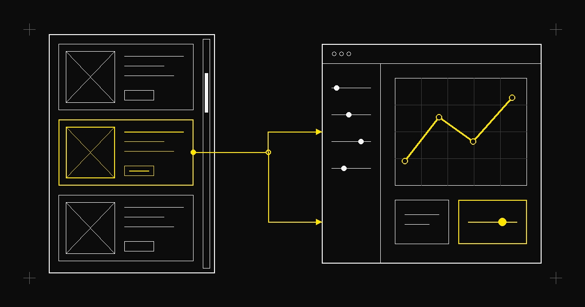 A content feed transforming into a standalone interactive tool, illustrated in a minimal technical schematic style