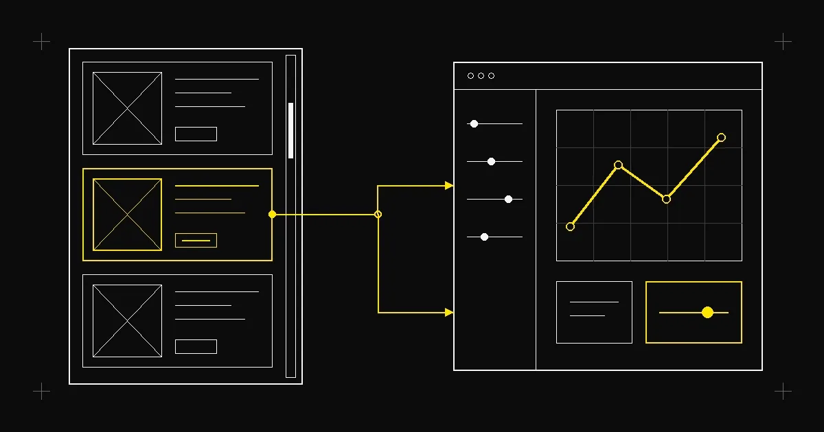A content feed transforming into a standalone interactive tool, illustrated in a minimal technical schematic style