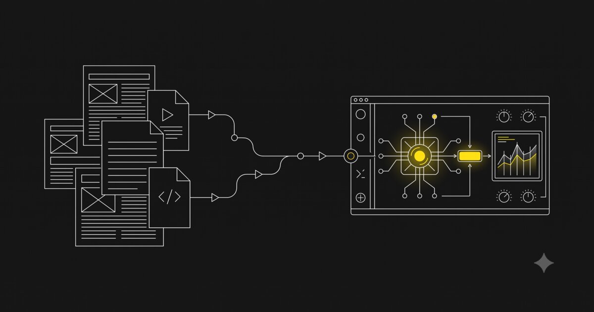 A pile of content pieces transforming into a single interactive tool, illustrated in a minimal technical schematic style