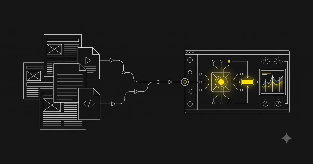 A pile of content pieces transforming into a single interactive tool, illustrated in a minimal technical schematic style