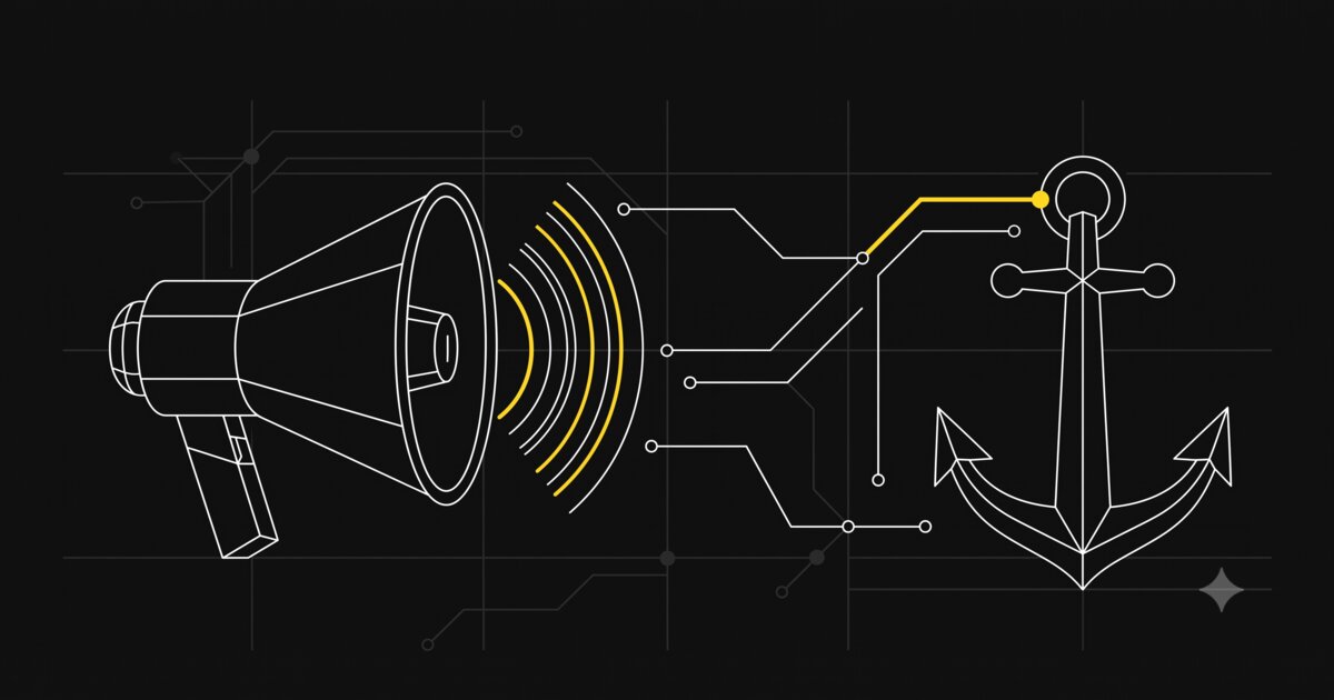 A megaphone and an anchor, connected, illustrated in a minimal technical schematic style
