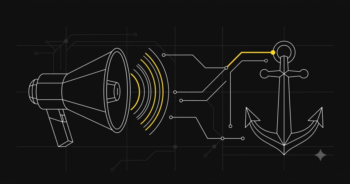 A megaphone and an anchor, connected, illustrated in a minimal technical schematic style