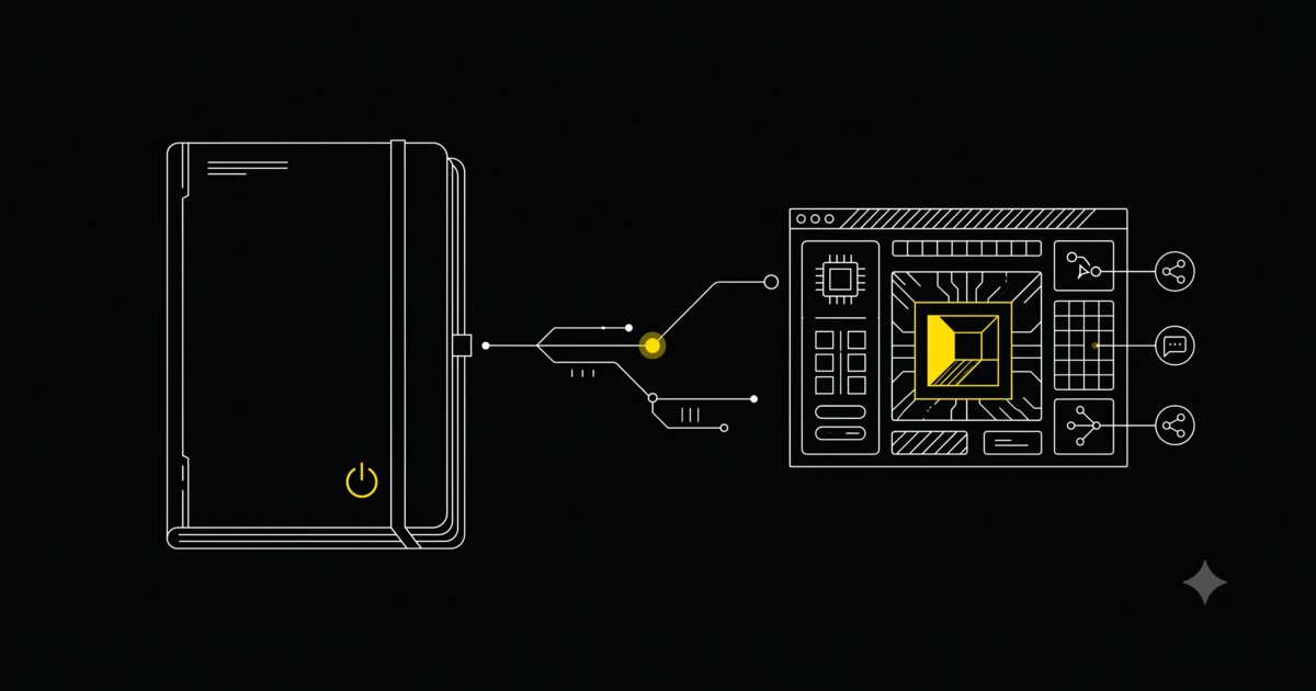 A closed notebook and a tool interface, connected, illustrated in a minimal technical schematic style