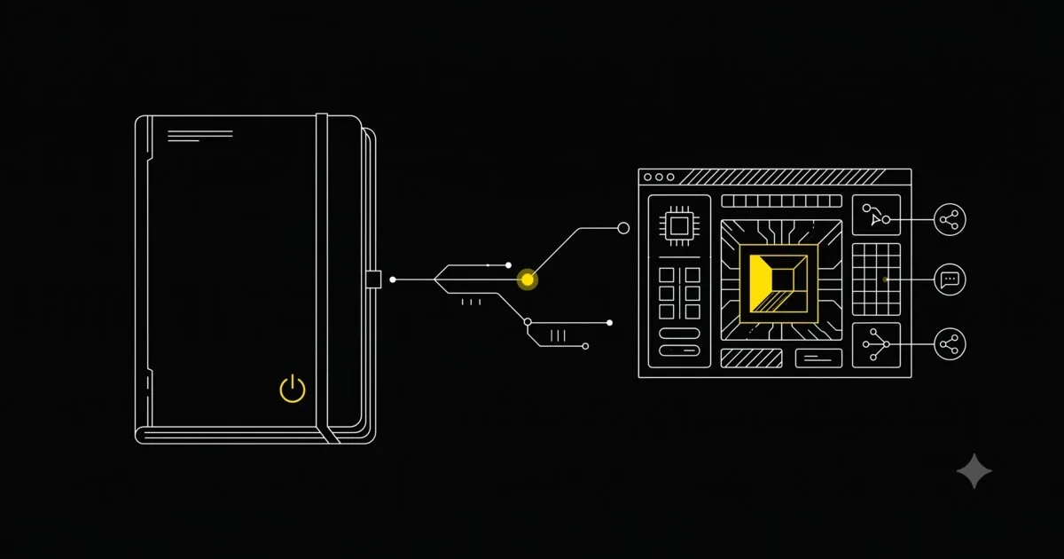 A closed notebook and a tool interface, connected, illustrated in a minimal technical schematic style