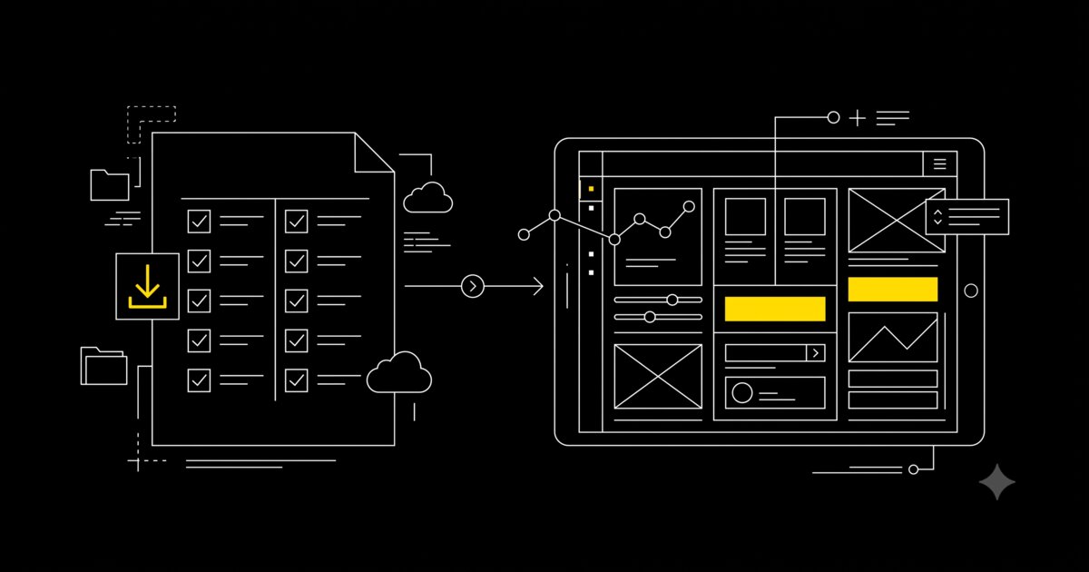 A downloadable PDF checklist next to an interactive companion tool, illustrated in a minimal technical schematic style