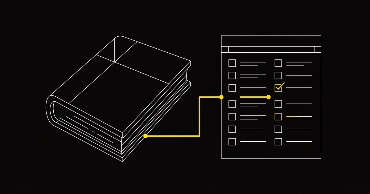 A closed book and a diagnostic checklist, connected, illustrated in a minimal technical schematic style
