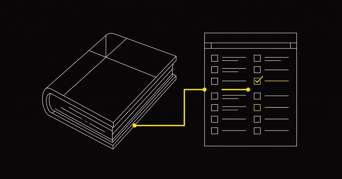 A closed book and a diagnostic checklist, connected, illustrated in a minimal technical schematic style