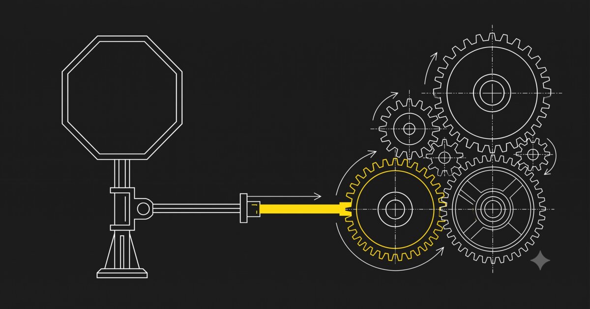 A stop sign and a gear mechanism, connected, illustrated in a minimal technical schematic style