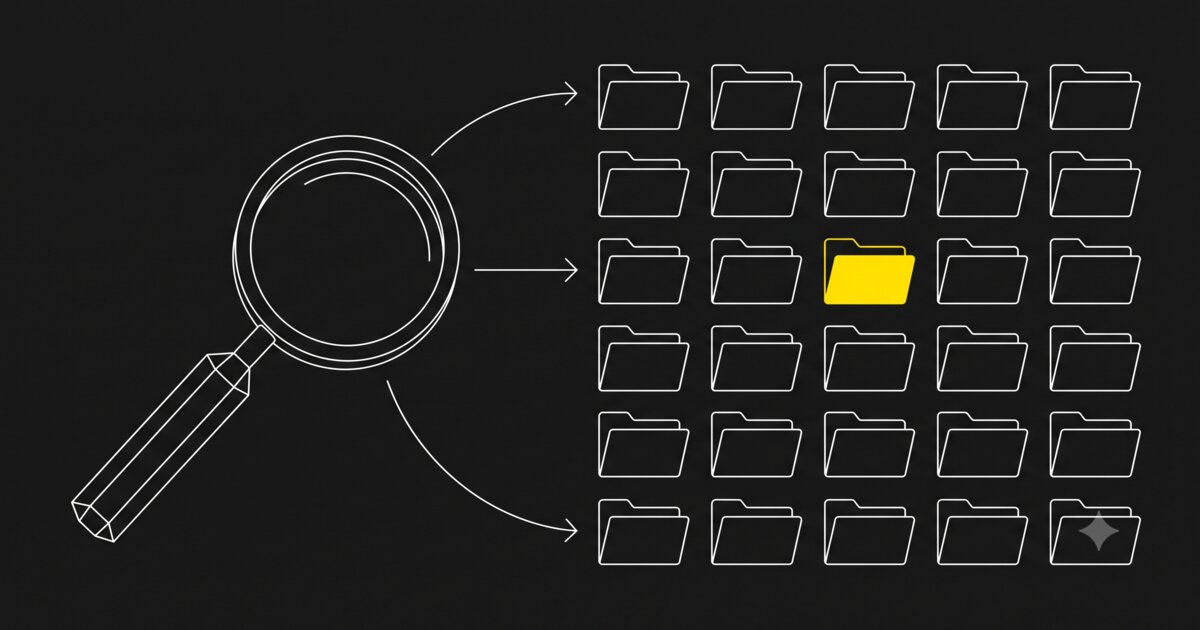 A magnifying glass scanning a grid of podcast episodes, revealing a hidden pattern, illustrated in a minimal technical schematic style