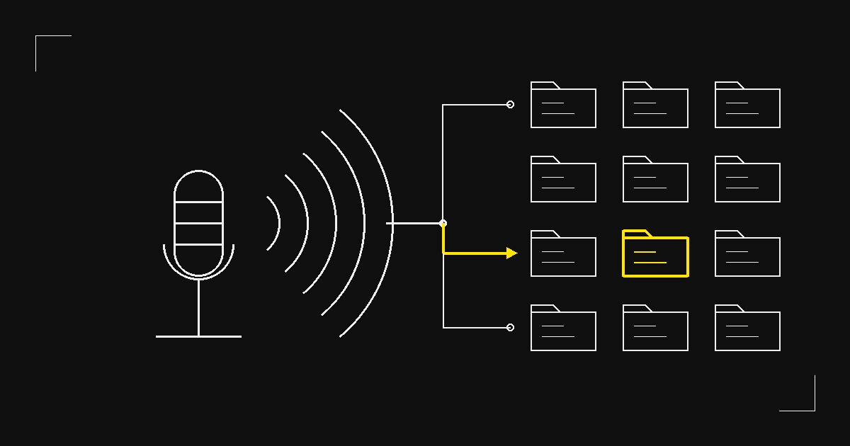 A microphone connected to a grid of searchable archive folders, illustrated in a minimal technical schematic style