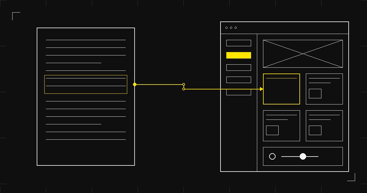 A basic text show notes page transforming into a structured interactive page, illustrated in a minimal technical schematic style