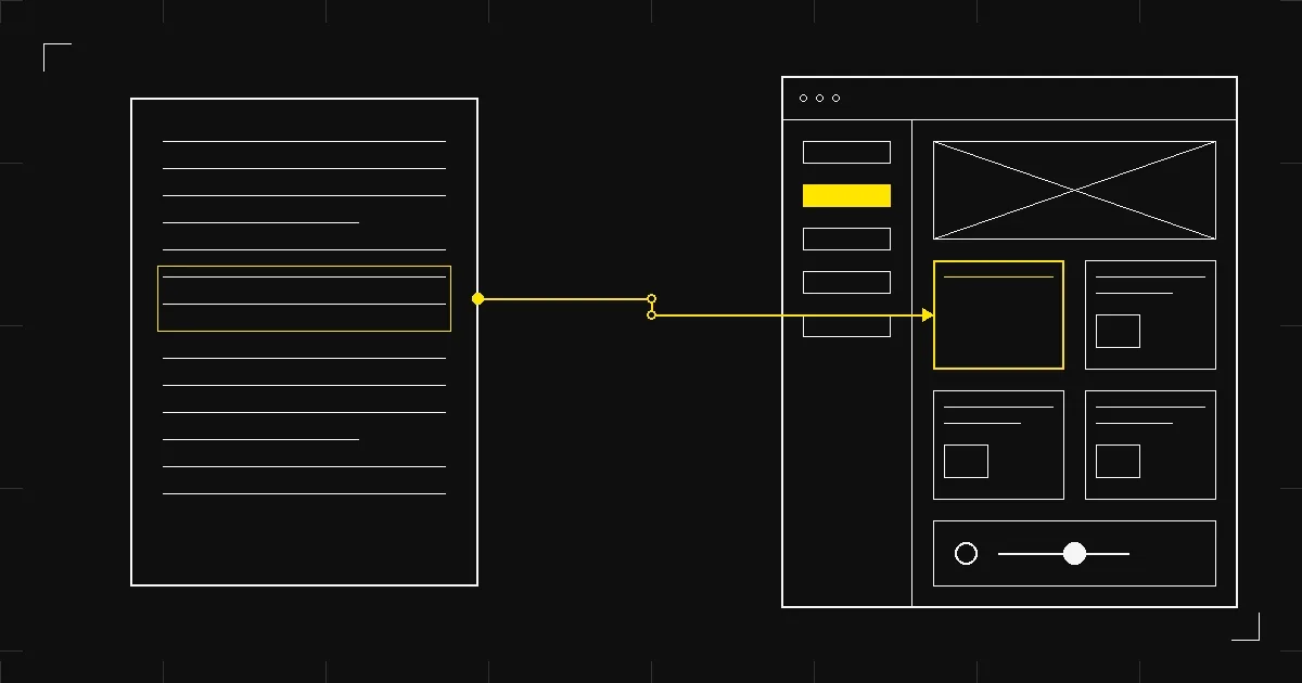 A basic text show notes page transforming into a structured interactive page, illustrated in a minimal technical schematic style