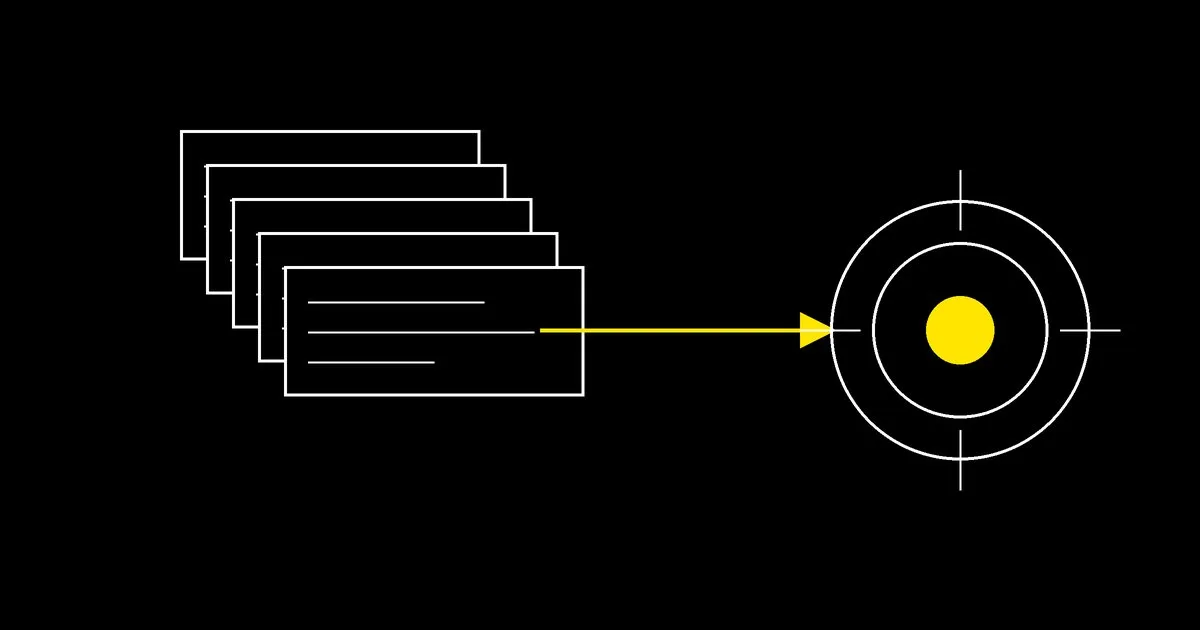A queue of stacked review cards and a single decision node, connected, illustrated in a minimal technical schematic style