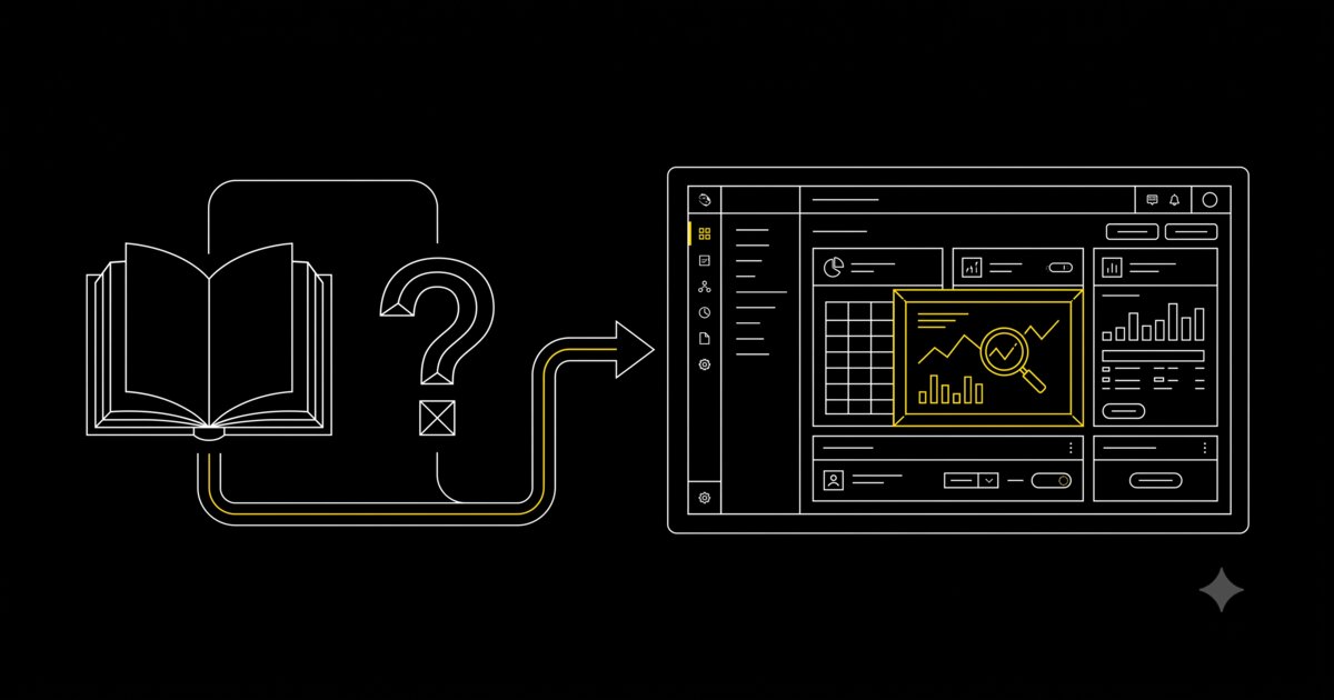 A book with a checklist and a question mark leading to an interactive tool, illustrated in a minimal technical schematic style