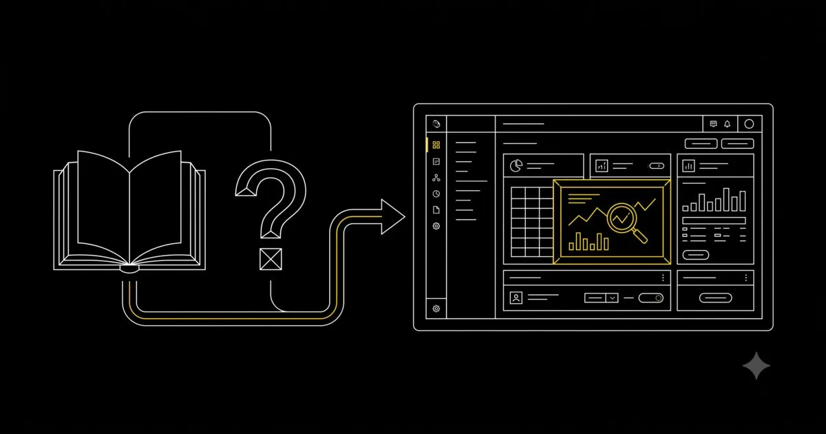 A book with a checklist and a question mark leading to an interactive tool, illustrated in a minimal technical schematic style