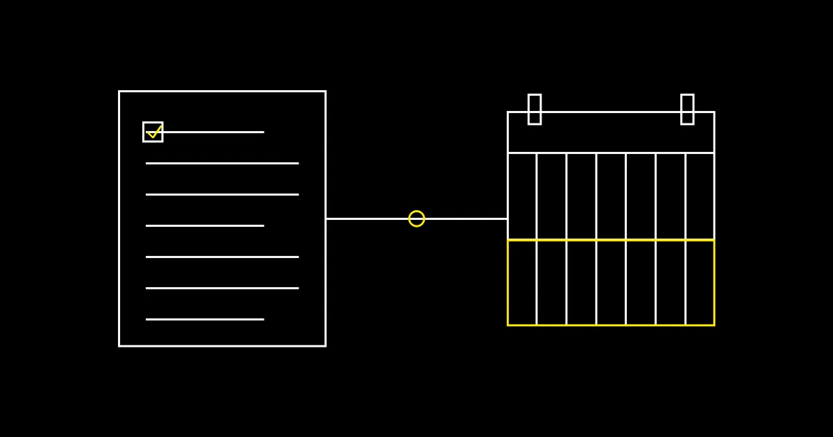 A written checklist page and a calendar week, connected, illustrated in a minimal technical schematic style
