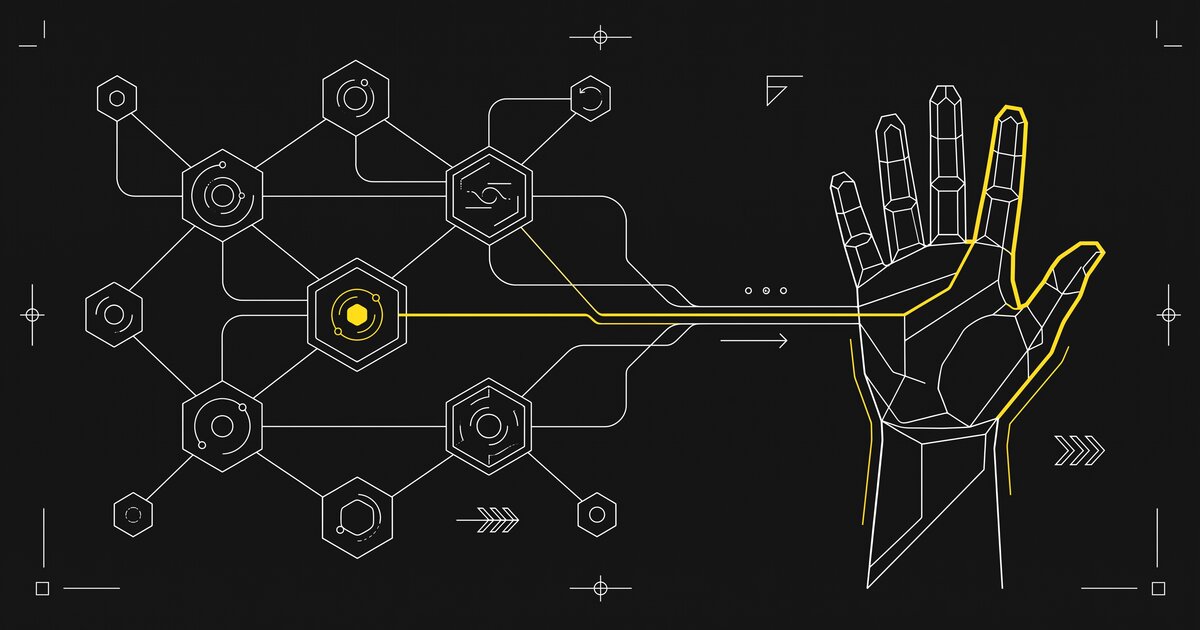 A network of AI agent nodes and a raised hand, connected, illustrated in a minimal technical schematic style