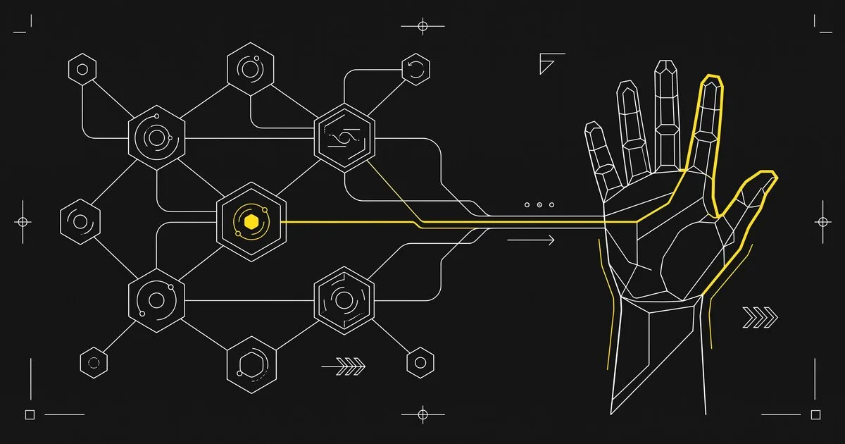 A network of AI agent nodes and a raised hand, connected, illustrated in a minimal technical schematic style