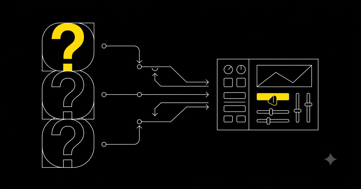 A stack of repeated question marks converging into a single interactive tool, illustrated in a minimal technical schematic style