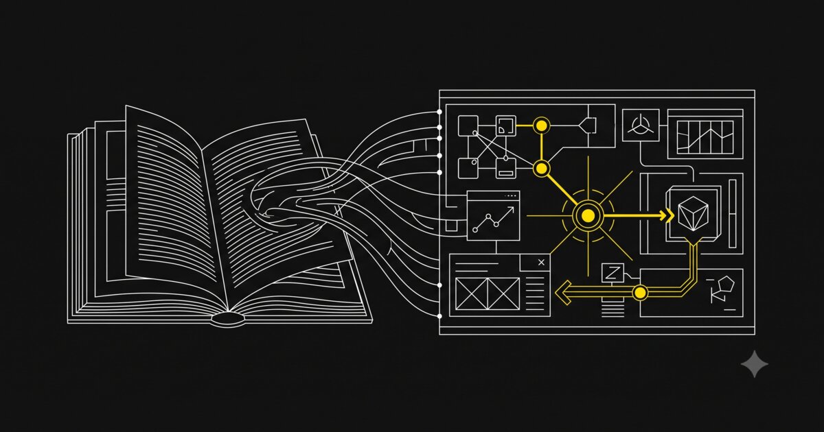 A book transforming into a glowing interactive web interface, illustrated in a minimal technical schematic style