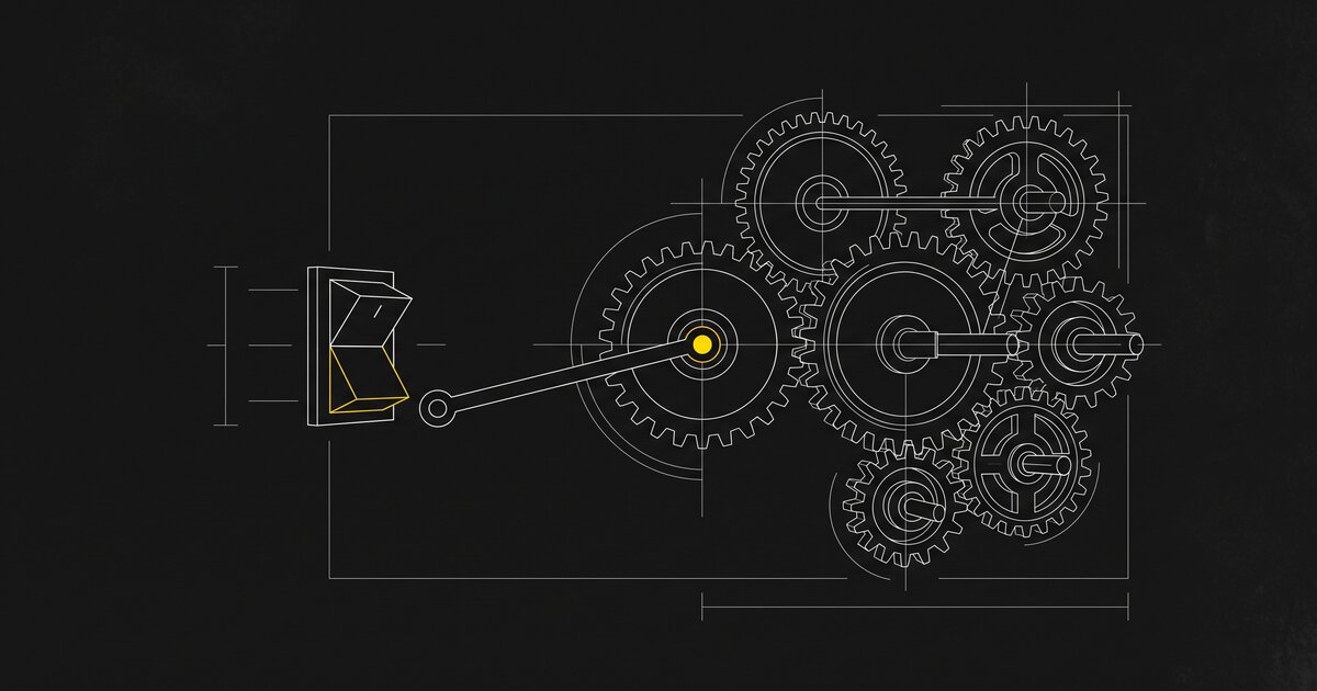 An off switch and a network of gears, connected, illustrated in a minimal technical schematic style