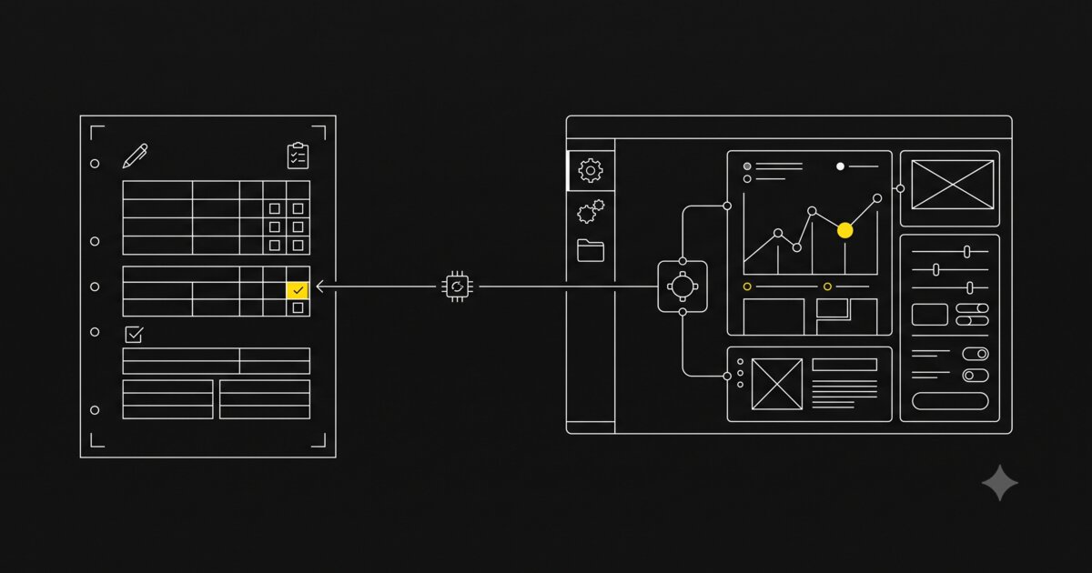 A printable worksheet next to an interactive tool interface, illustrated in a minimal technical schematic style