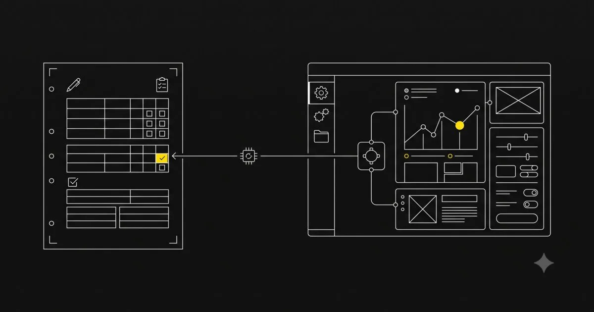 A printable worksheet next to an interactive tool interface, illustrated in a minimal technical schematic style