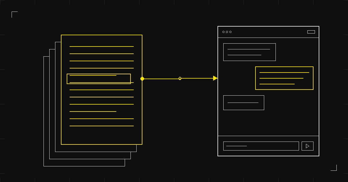 A stack of manuscript pages and a chat interface, connected, illustrated in a minimal technical schematic style